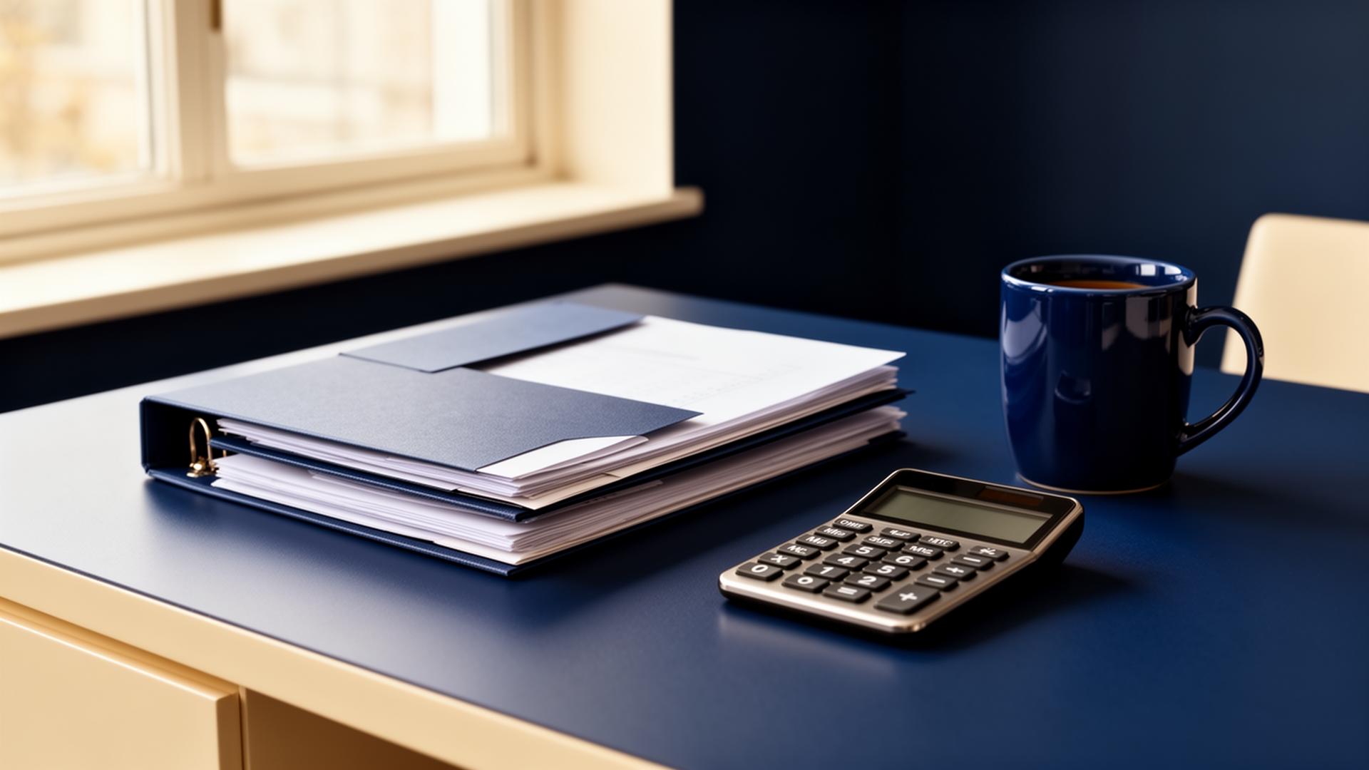 Calculator, pen, and tax forms on a clean desk